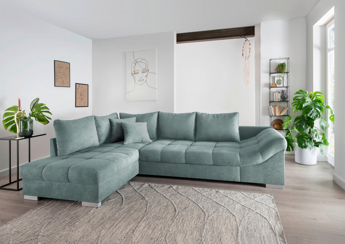 ECKSCHLAFSOFA Mintgrün Mikrofaser  - Silberfarben/Mintgrün, Design, Holz/Textil (202/298cm) - MID.YOU