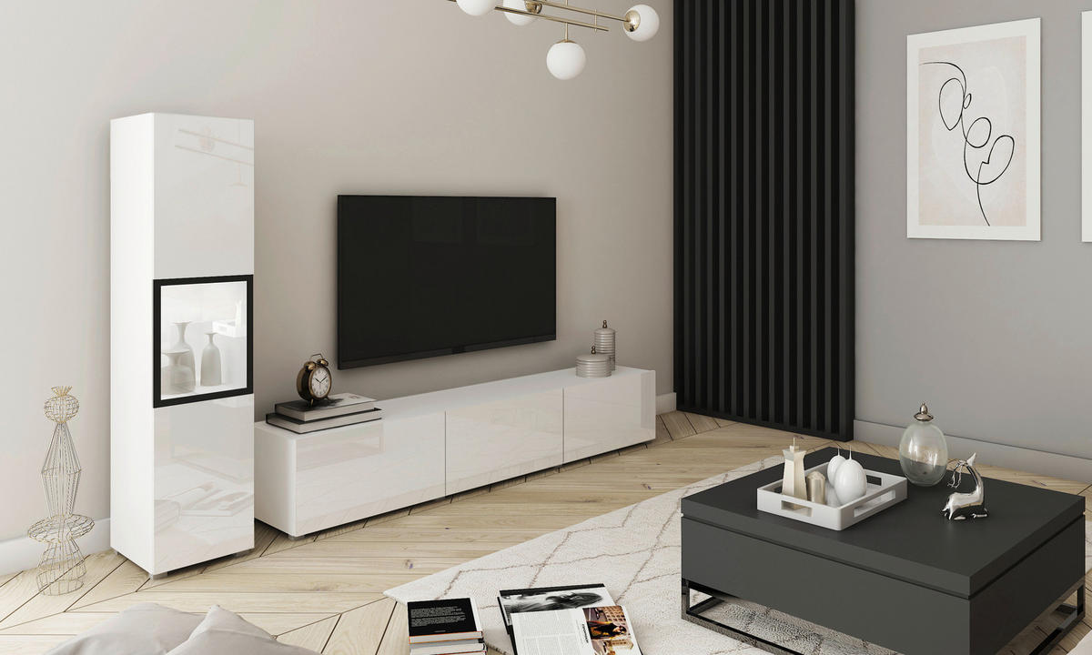 DNEVNI REGAL,  bela, bela, visoki sijaj  - siva/bela, Design, umetna masa/steklo (210/130/32,5cm) - MID.YOU