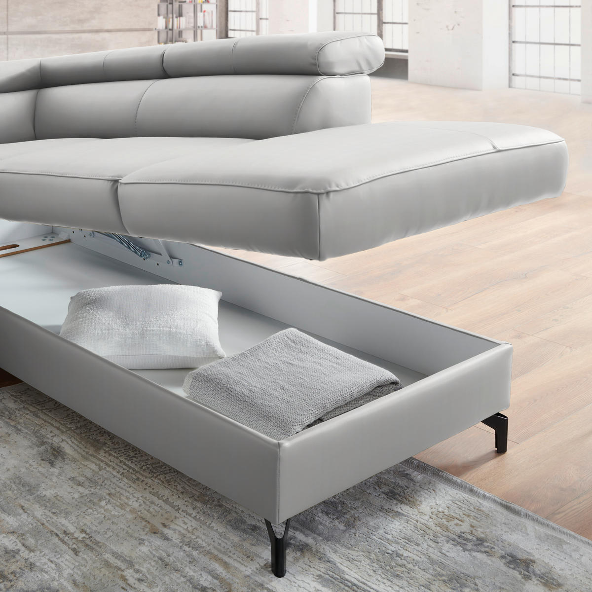 ECKSOFA in Echtleder Hellgrau  - Hellgrau/Schwarz, Design, Leder/Metall (256/220cm) - Celina Home