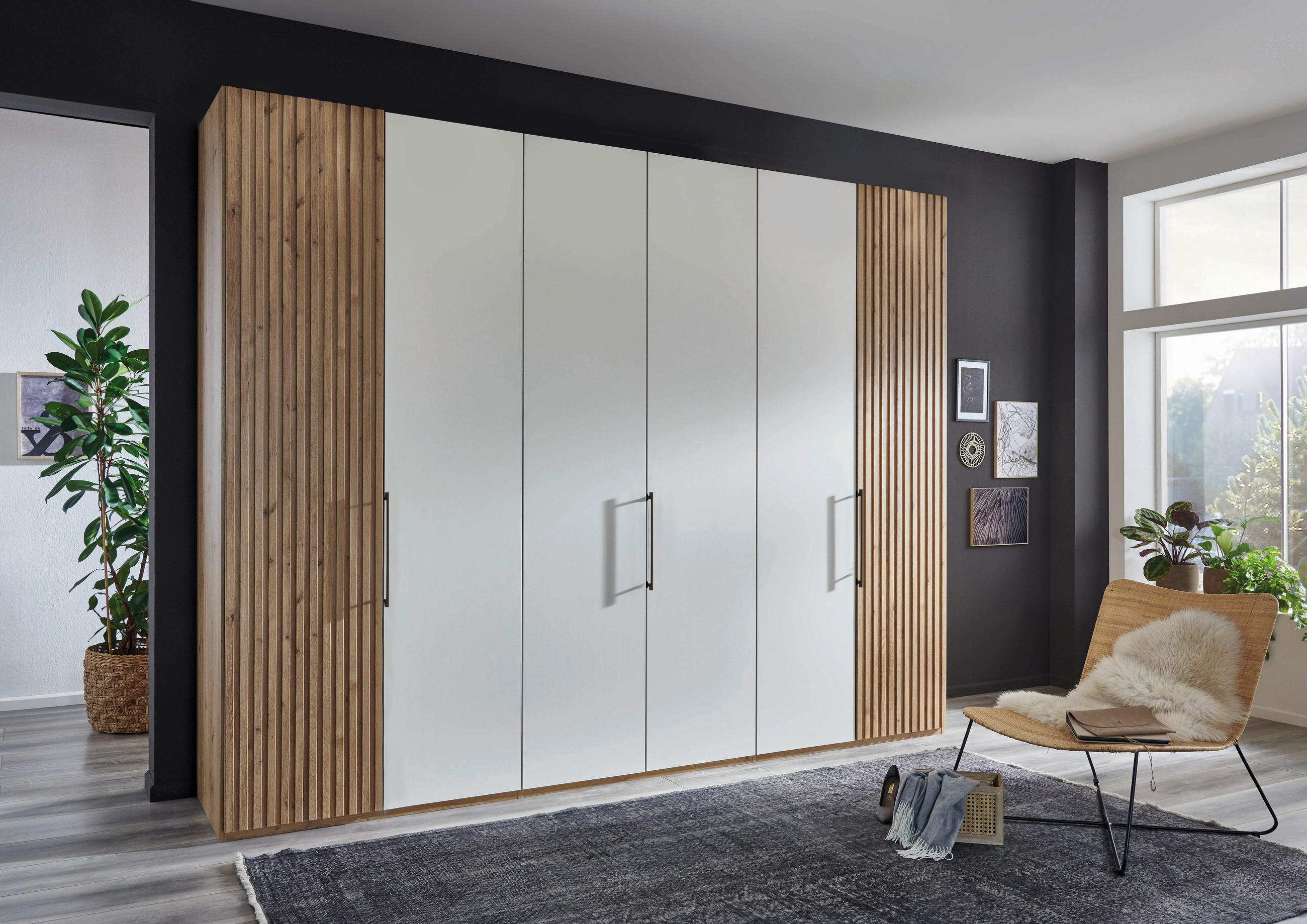 DREHTÜRENSCHRANK 300/216/58 cm 6-türig Weiß, Eiche Bianco  - Schieferfarben/Eiche Bianco, Design, Glas/Holzwerkstoff (300/216/58cm) - Novel
