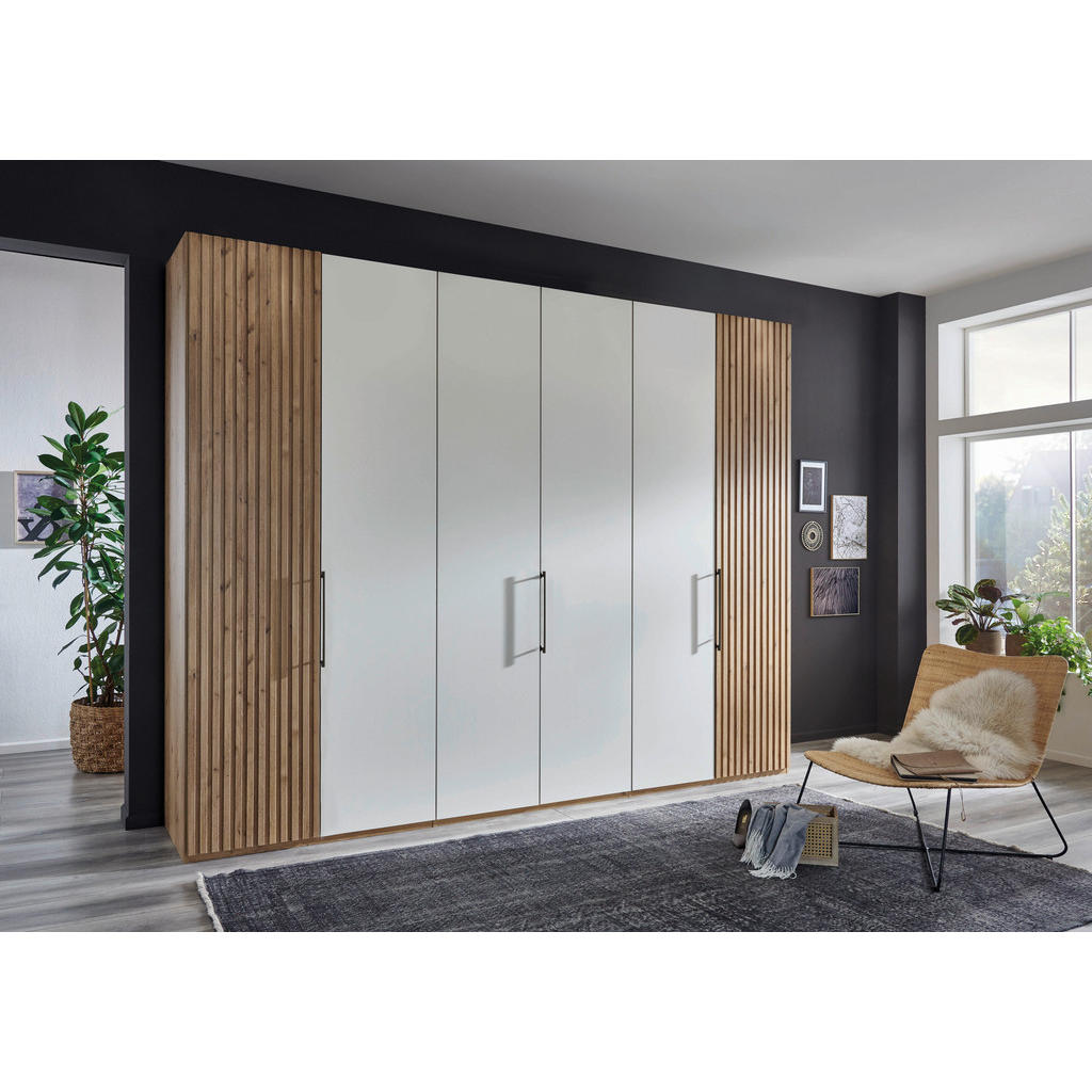 Thumbnail - Novel Drehtürenschrank, Weiß, Eiche Bianco, Holzwerkstoff, 6 Fächer, 300x216x58 cm, ISO 9001, Goldenes M, Made in German...
