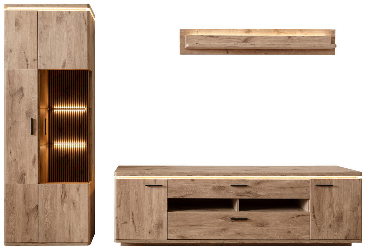 WOHNWAND 3-teilig  in Eichefarben  295/208/50 cm  - Eichefarben/Anthrazit, KONVENTIONELL, Glas/Holzwerkstoff (295/208/50cm) - Cantus