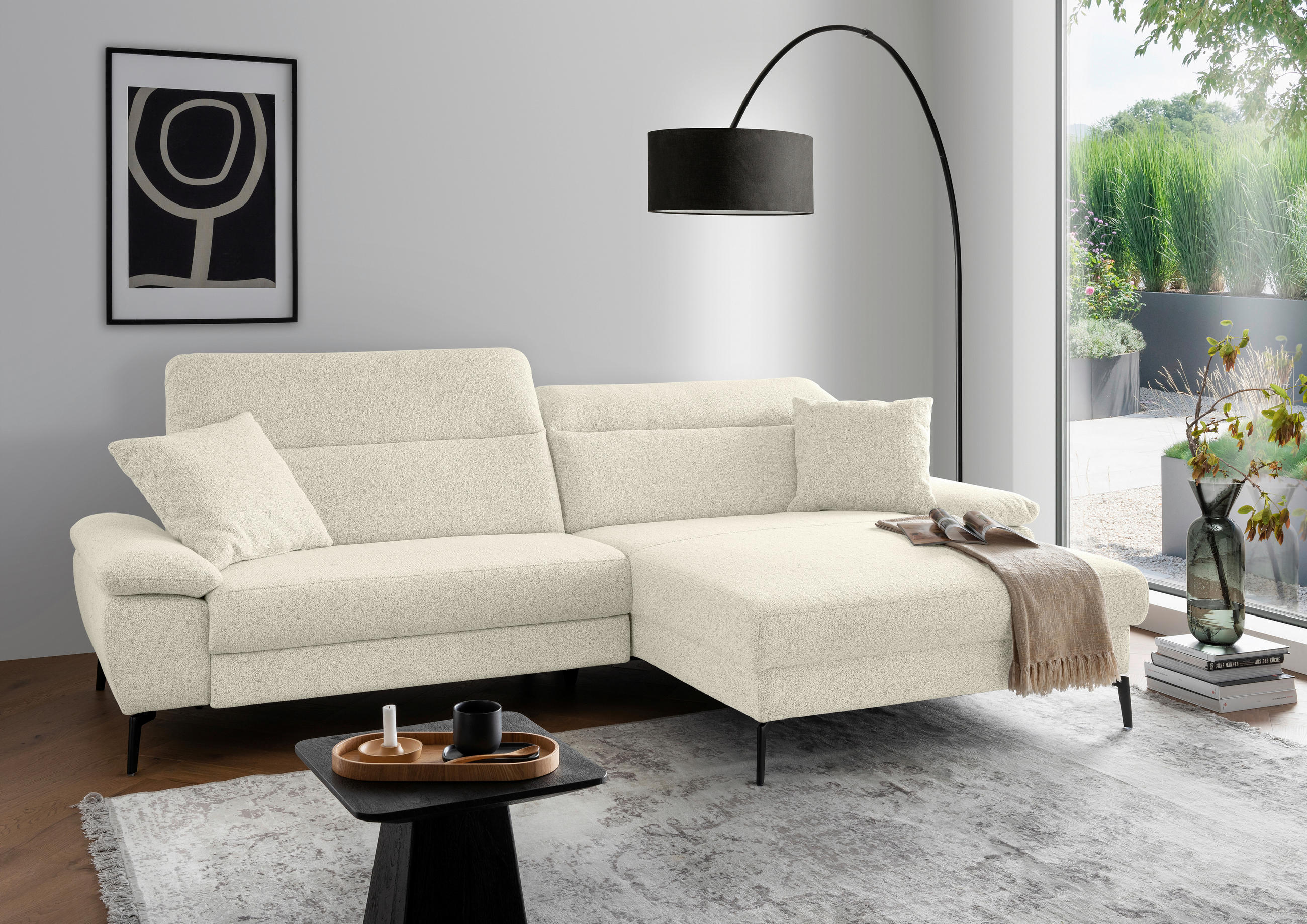 ECKSOFA CANCELLI in Struktur Creme  300/178 cm  - Creme/Schwarz, KONVENTIONELL, Textil/Metall (300/178cm) - Livetastic