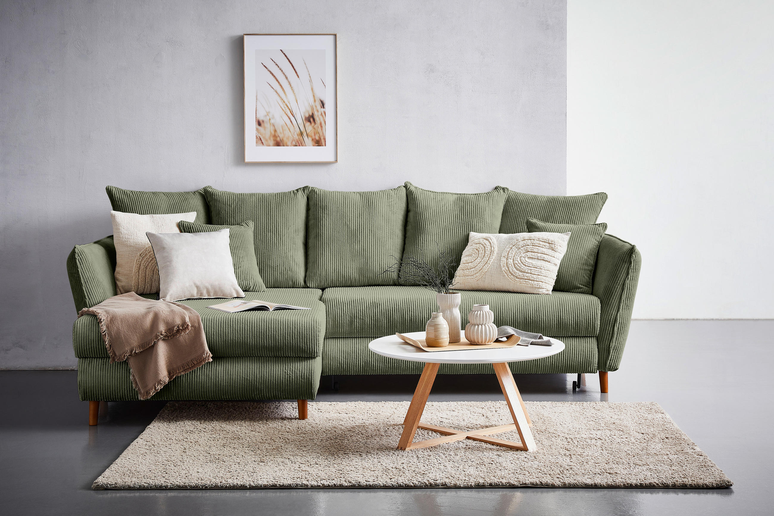 ECKSOFA Salbeigrün Cord  - Eichefarben/Salbeigrün, KONVENTIONELL, Holz/Textil (162/284cm) - Carryhome