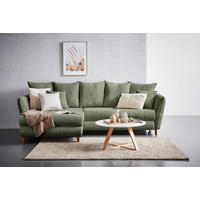 Carryhome ECKSOFA Olivgrün Cord, links davon: Kissen in weiß, rechts davon: Hochflorteppich, Couchtisch, Bild in weiß in hellem Wohnzimmer.