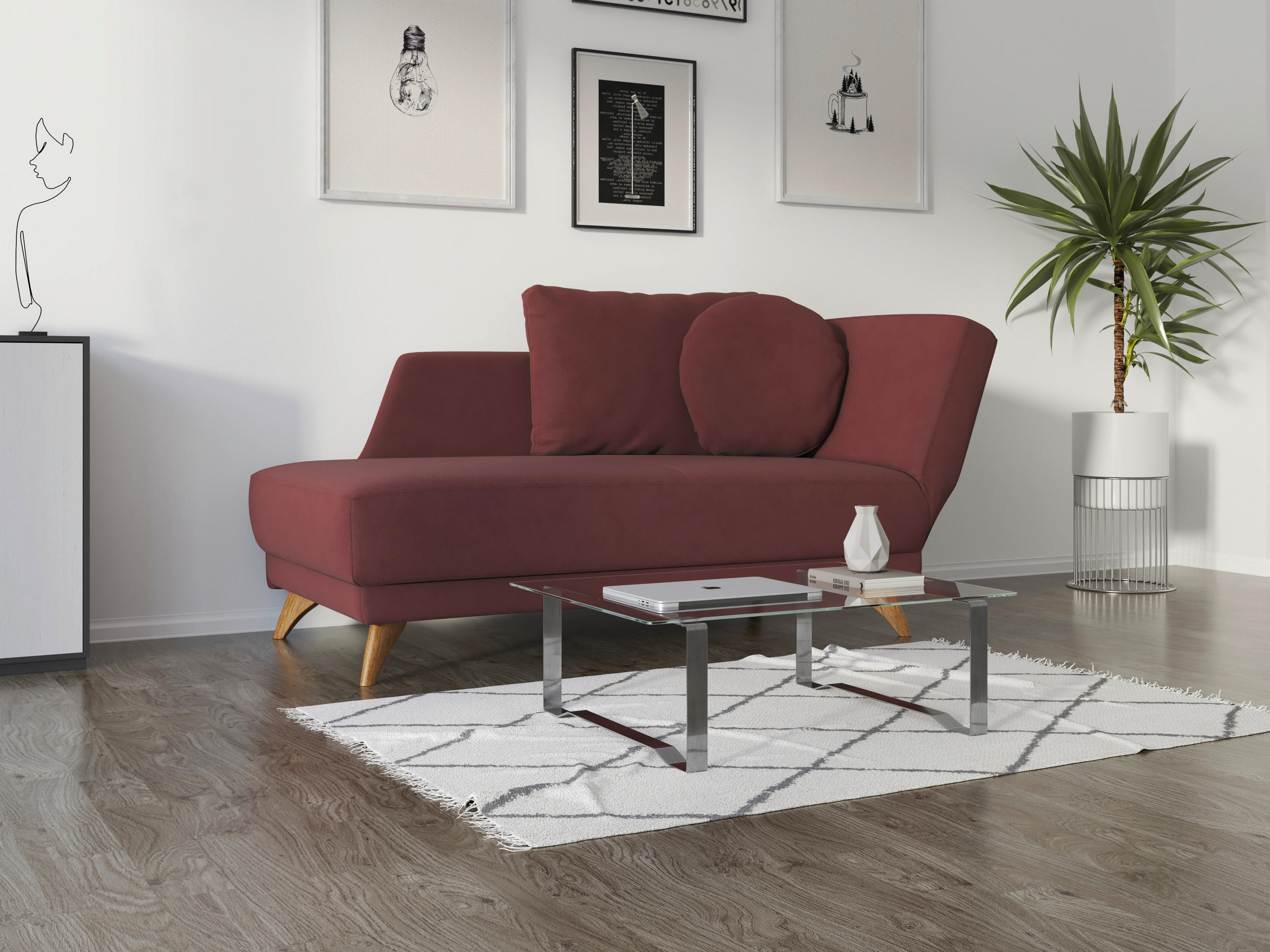 RÉCAMIERE in Flachgewebe Dunkelrot  - Eichefarben/Dunkelrot, Modern, Holz/Textil (205/74-87/94cm) - Bali