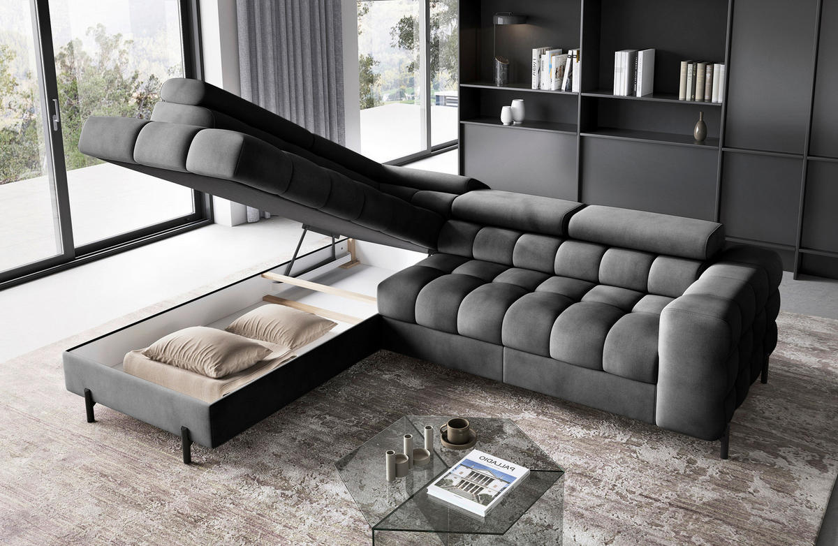 ECKSOFA FERUCCE Dunkelgrau Flachgewebe Bettkasten, Kopfteilverstellung  - Dunkelgrau/Schwarz, Design, Textil/Metall (200/276cm) - MID.YOU