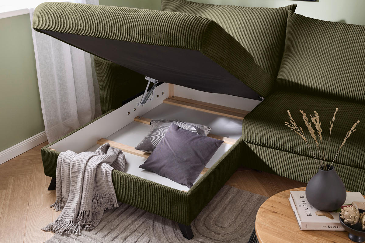 ECKSOFA in Cord Olivgrün  - Schwarz/Olivgrün, Romantik / Landhaus, Holz/Textil (245/159cm) - Stylife