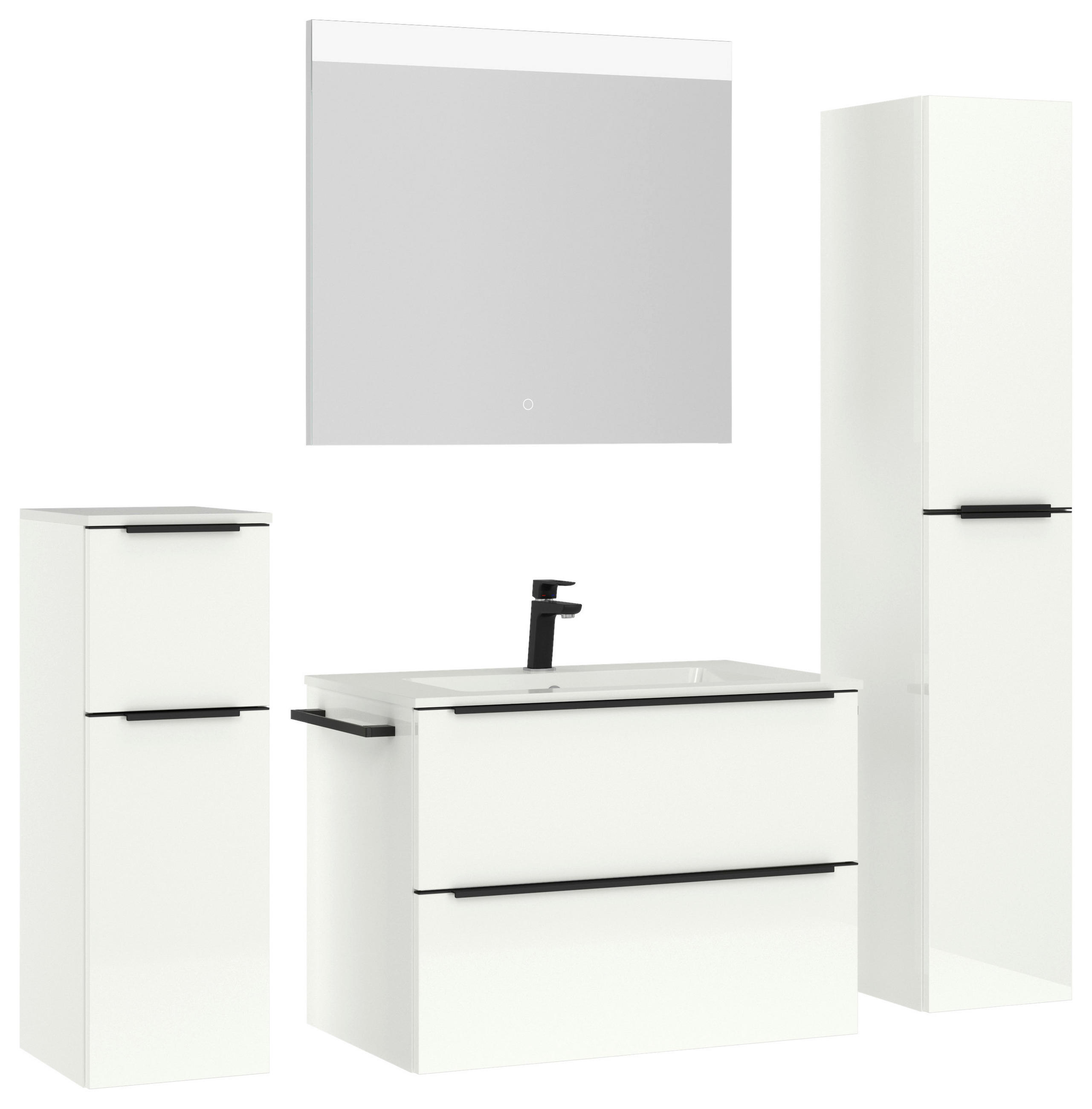 BADEZIMMER 5-teilig  in 141 cm  - Weiß Hochglanz/Schwarz, MODERN, Holzwerkstoff/Stein (141cm) - Nobilia