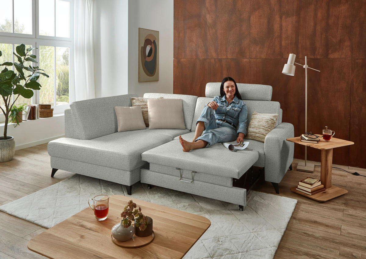 ECKSOFA 182/239 cm  in Chenille Hellgrau Rücken echt  182/239 cm  - Hellgrau/Schwarz, Design, Textil/Metall (182/239cm) - Beldomo Comfort
