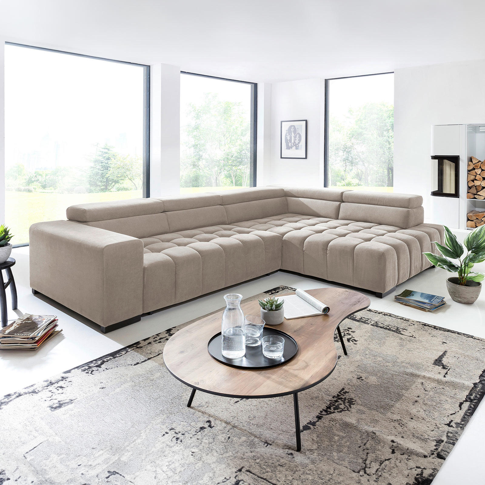 ECKSCHLAFSOFA Beige Velours  - Beige/Schwarz, Design, Holz/Textil (307/201cm) - Livetastic