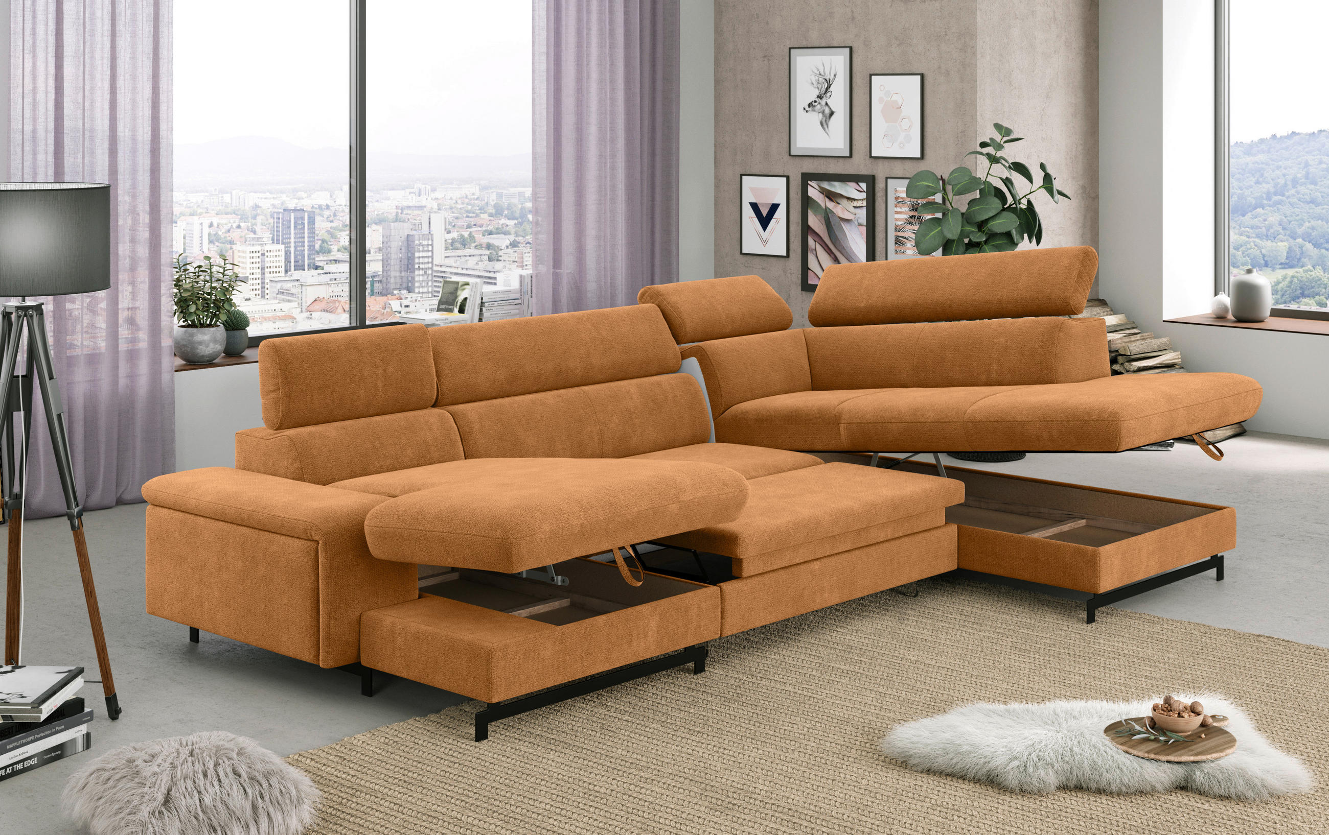 WOHNLANDSCHAFT in Chenille Cognac  - Cognac/Schwarz, Textil/Metall (165/328/215cm) - MID.YOU