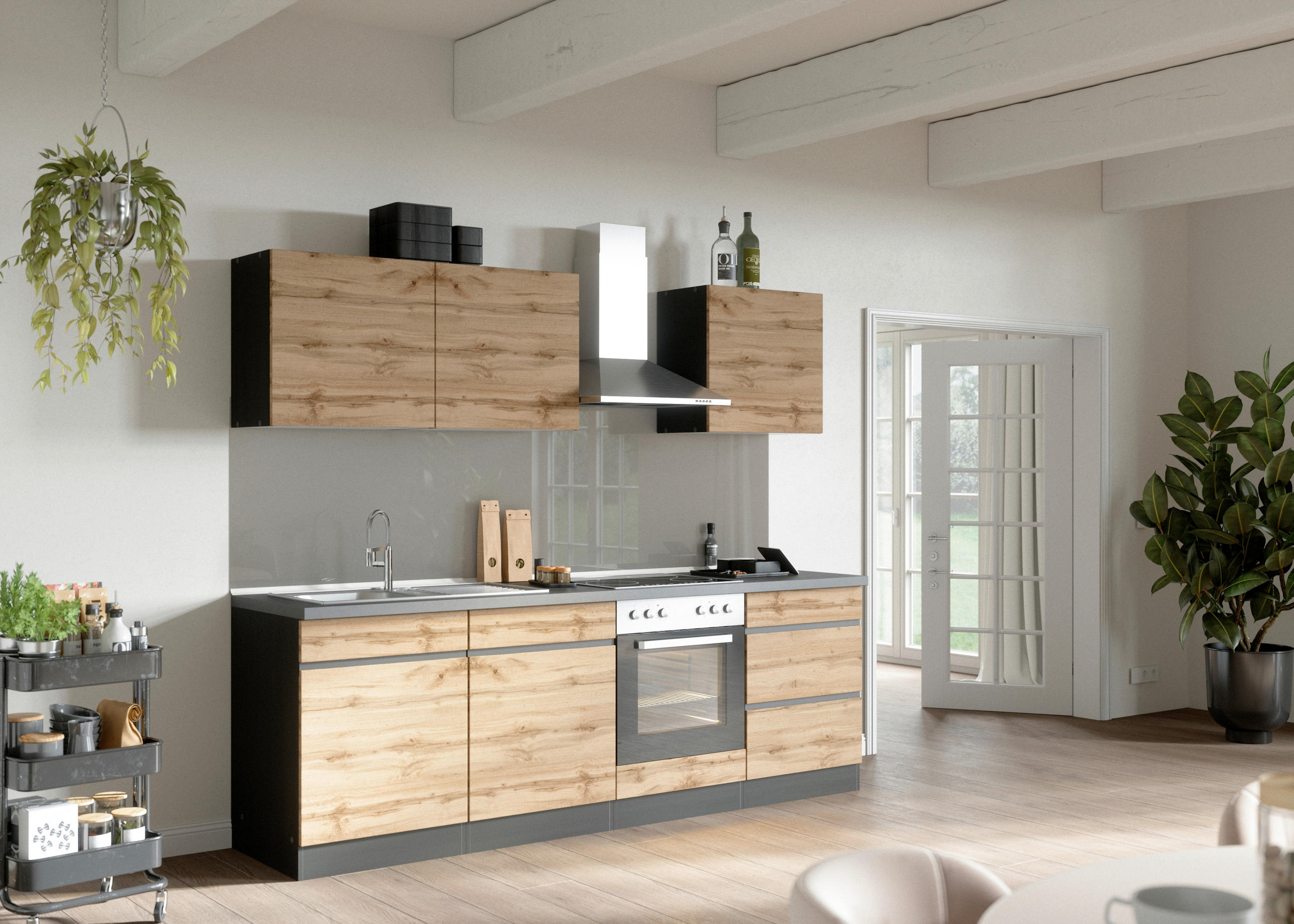 KÜCHENBLOCK 240 cm   in Graphitfarben, Eiche Wotan  - Eiche Wotan/Graphitfarben, Design, Holzwerkstoff (240cm) - Held