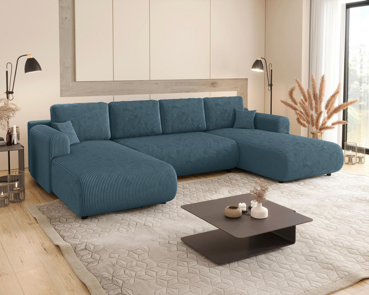 Wohnlandschaft inkl. Funktion Türkis Cord  - Türkis/Schwarz, KONVENTIONELL, Textil (200/360/200cm) - Xora