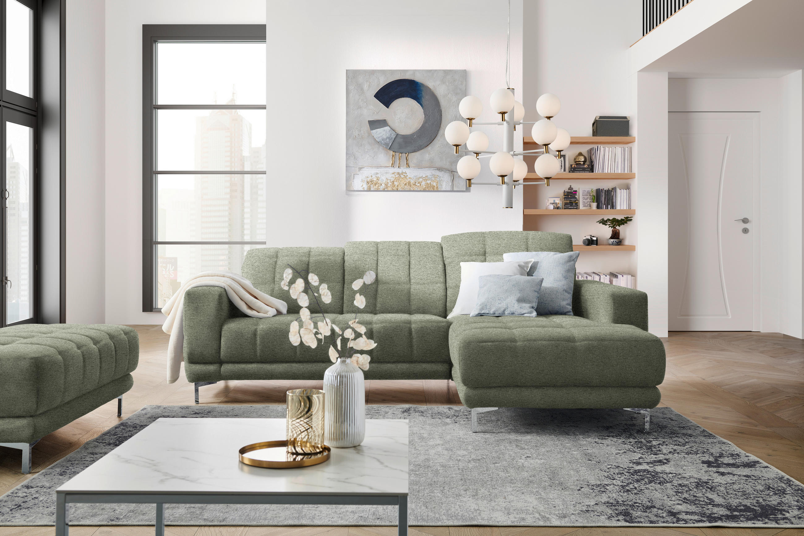 ECKSOFA in Webstoff Grün  - Chromfarben/Grün, Design, Textil/Metall (260/187cm) - Xora