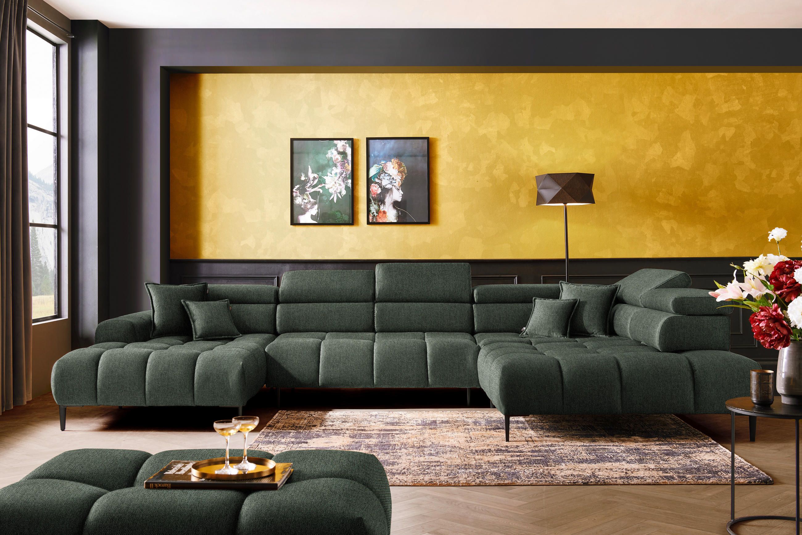WOHNLANDSCHAFT Dunkelgrün Webstoff  - Dunkelgrün/Schwarz, Design, Textil/Metall (177/385/216cm) - Welnova