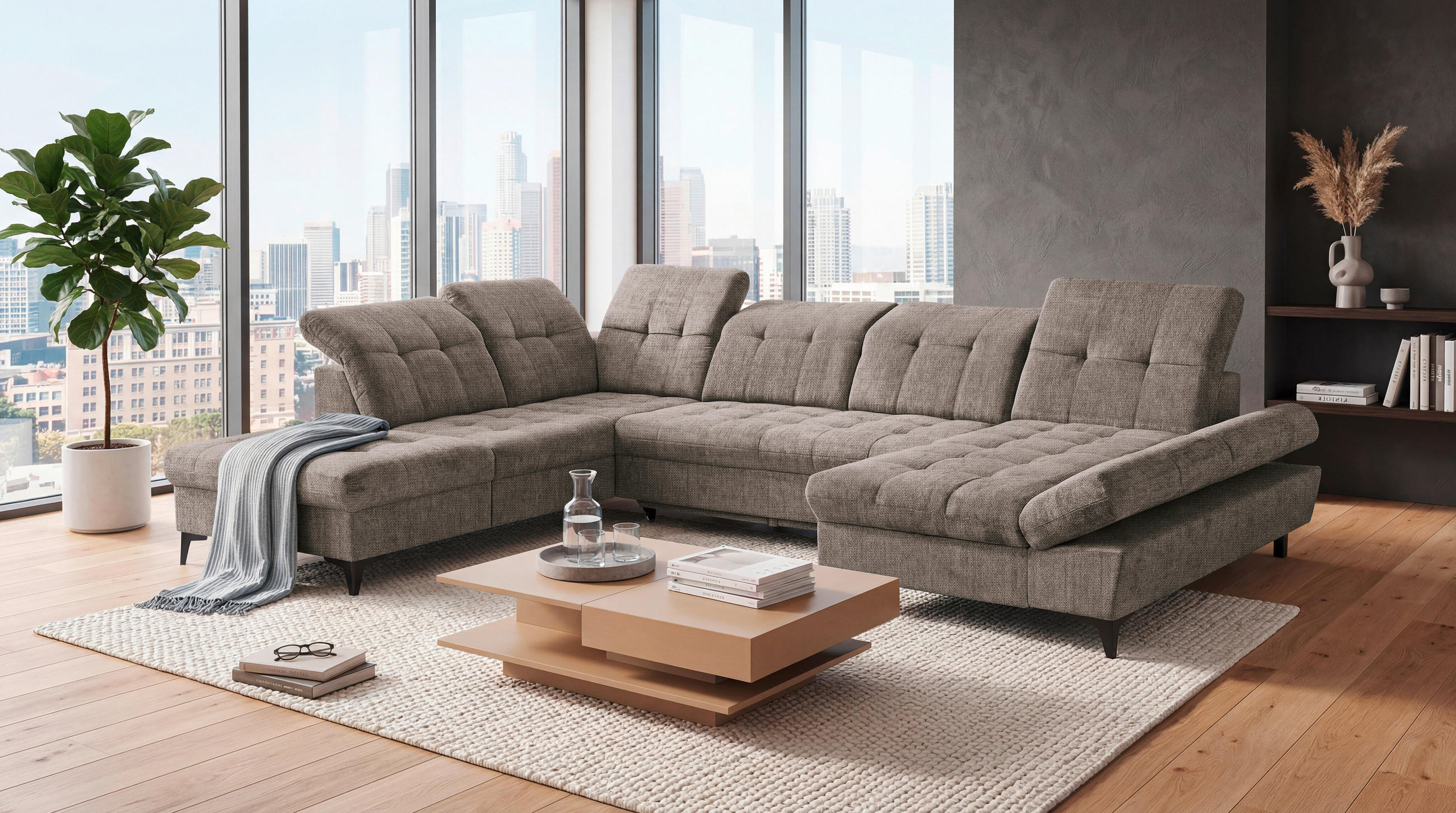 WOHNLANDSCHAFT Mikrovelours Braun  - Schwarz/Braun, Modern, Kunststoff/Textil (245/348/168cm) - MID.YOU