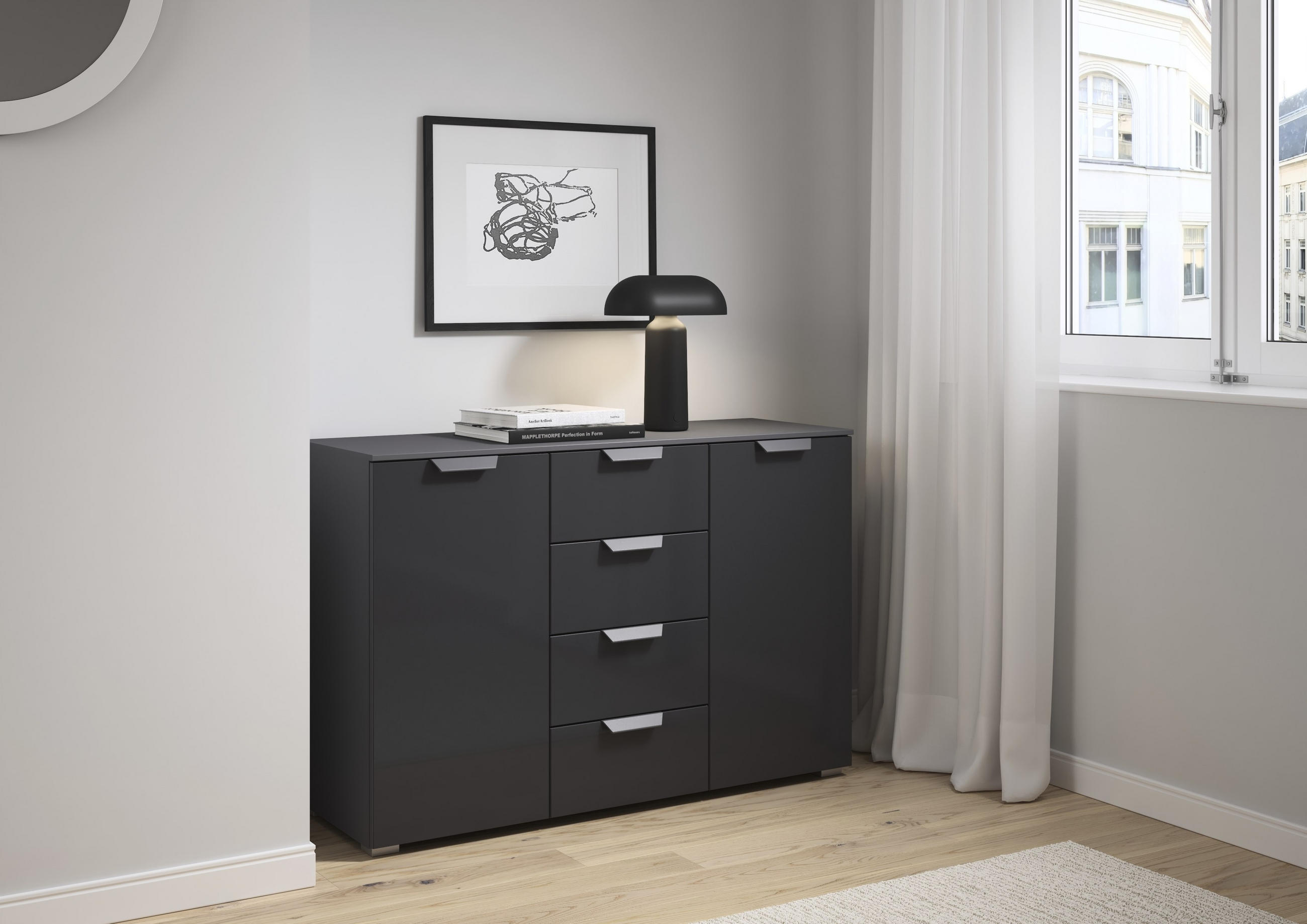 Thumbnail - Carryhome Sideboard, Dunkelgrau, Metall, 4 Fächer, 4 Schublade(n) Schubladen, 120x81x42 cm, Blauer Engel, Goldenes M, Ma...