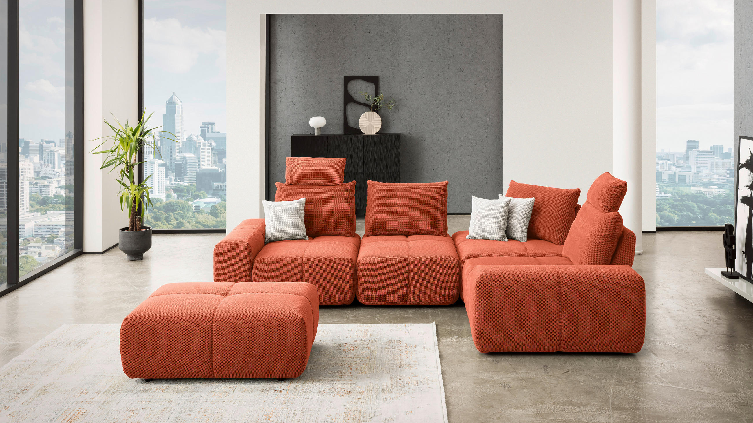 ECKSOFA in Velours Terracotta  - Terracotta/Schwarz, Design, Kunststoff/Textil (326/236cm) - Xora
