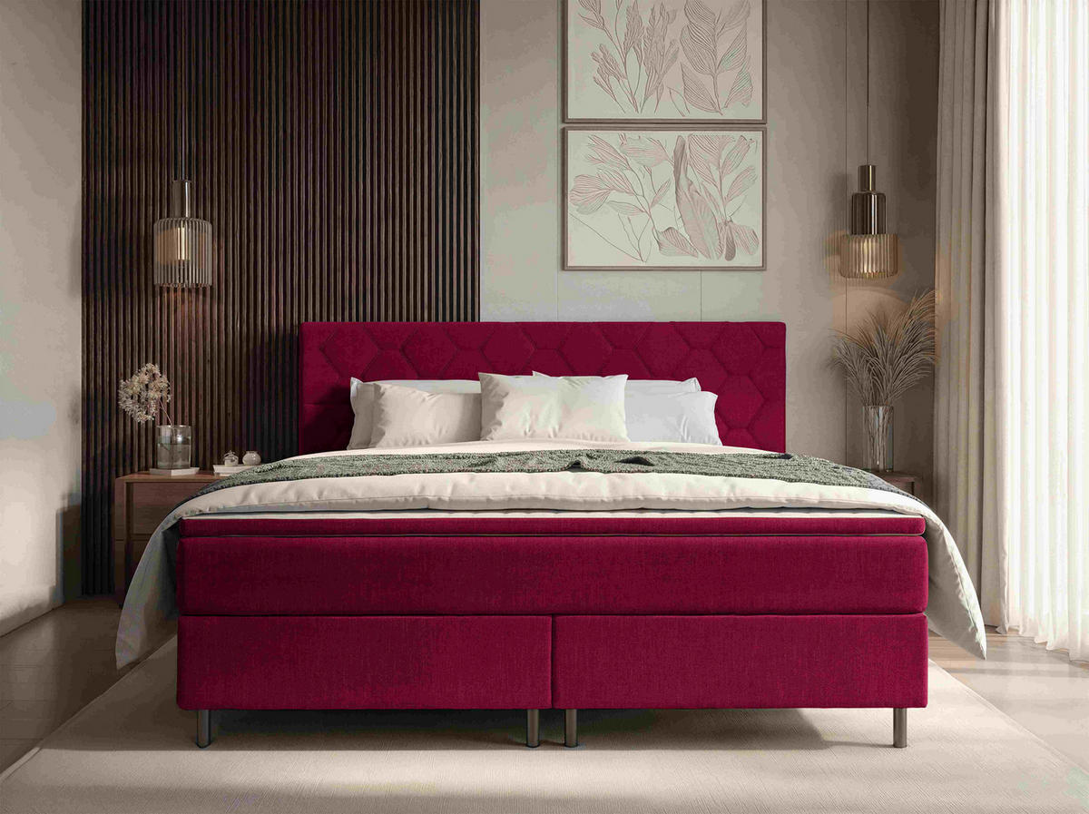 BOXSPRINGBETT 180/200 cm,  in Rot, Matratze, Topper, H2 + H2 = mittel  - Rot/Schwarz, KONVENTIONELL, Textil/Metall (180/200cm) - Chameo