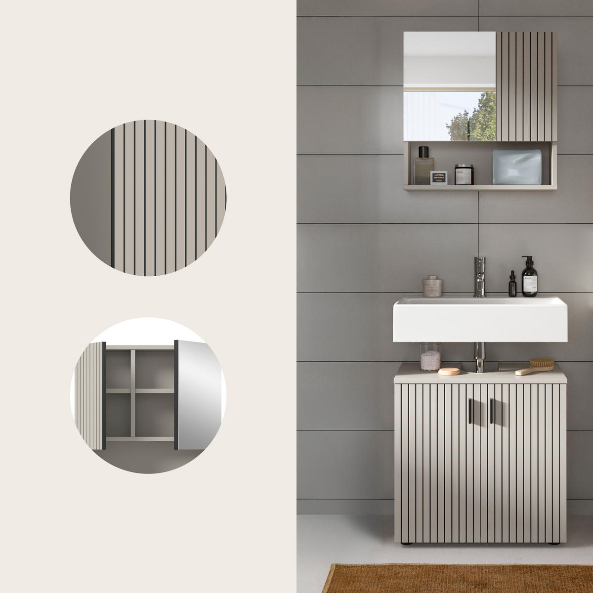 BADEZIMMER 2-teilig  in 60 cm  - Kaschmir/Schwarz, Trend, Glas/Holzwerkstoff (60cm) - MID.YOU