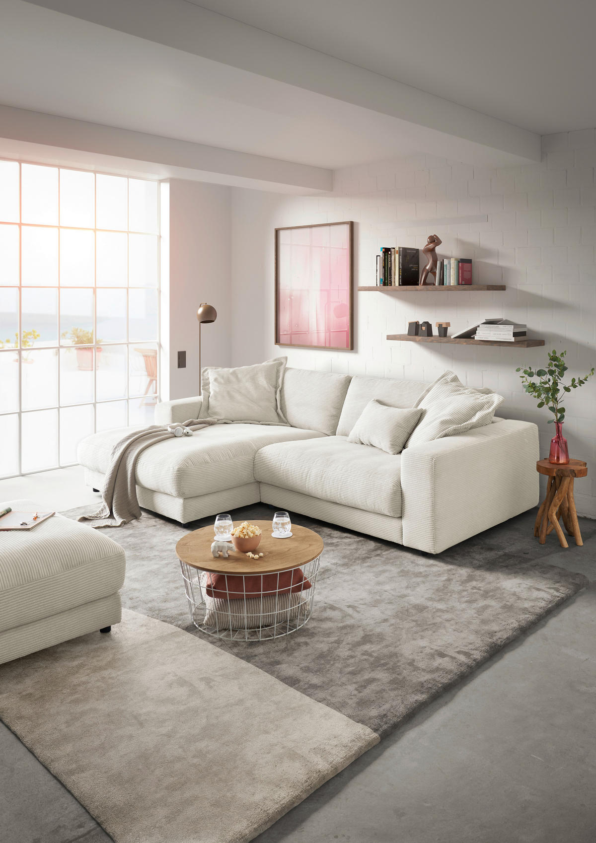 ECKSOFA in Cord Weiss  - Weiss/Schwarz, Design, Kunststoff/Textil (190/270cm) - Lomoco