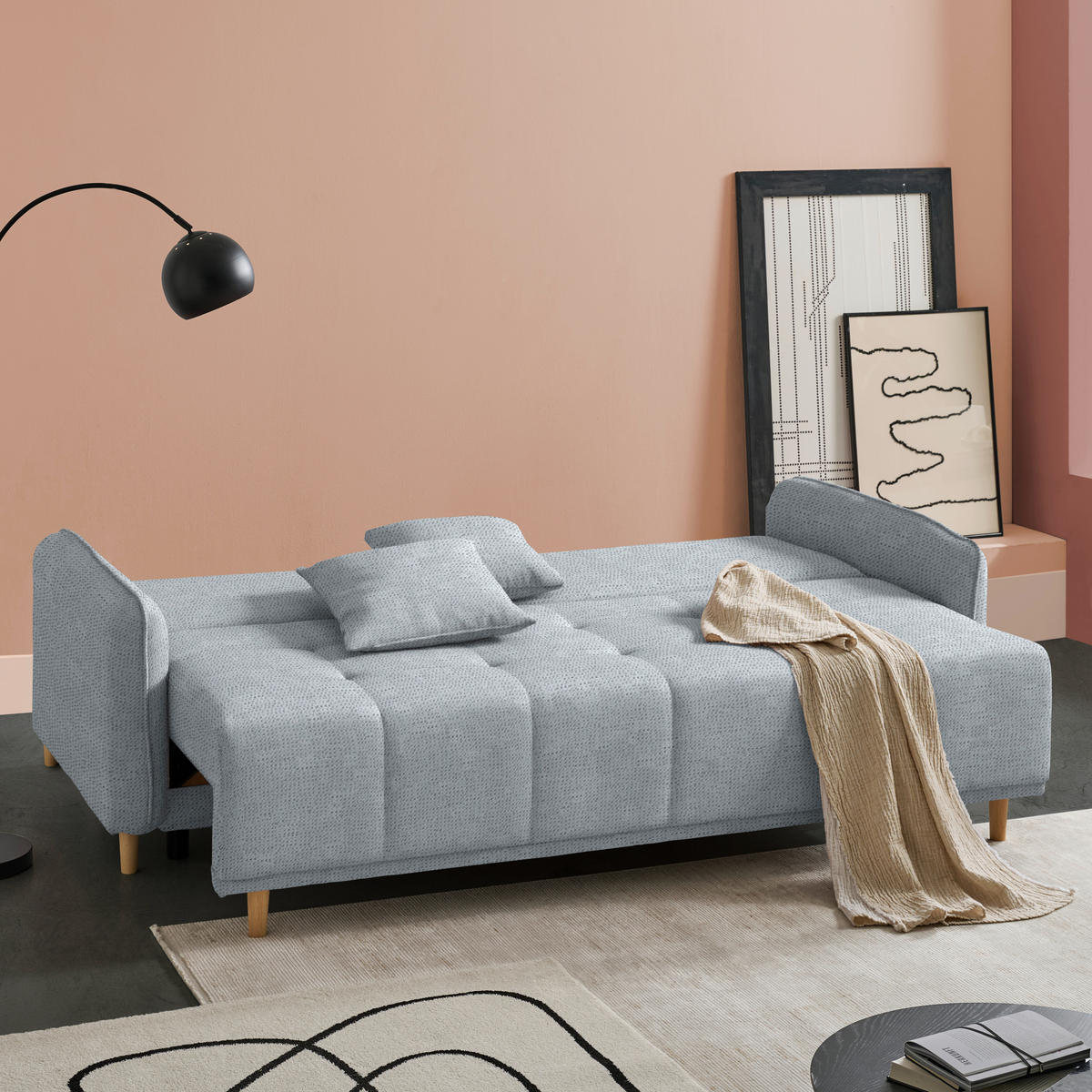 SCHLAFSOFA  in Chenille Hellgrau  - Buchefarben/Hellgrau, Design, Holz/Textil (217/97/101cm) - Carryhome