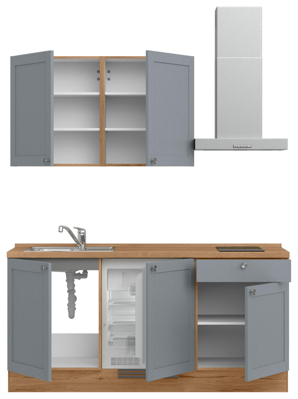 KÜCHENLEERBLOCK Frame 180 cm  in Eichefarben, Blaugrau  - Edelstahlfarben/Eichefarben, MODERN, Holzwerkstoff/Metall (180cm) - Nobilia