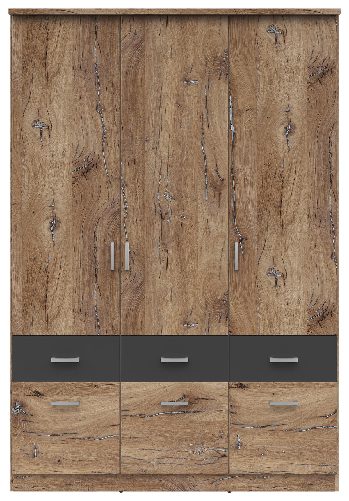 KLEIDERSCHRANK 136/199/58 cm,  in Graphitfarben, Eichefarben, 3-türig  - Eichefarben/Silberfarben, KONVENTIONELL, Holzwerkstoff/Kunststoff (136/199/58cm) - MID.YOU