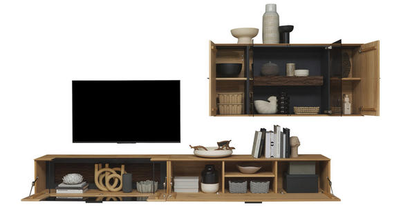 WOHNWAND  in Anthrazit, Eichefarben  336/195/44 cm  - Eichefarben/Anthrazit, Design, Glas/Holz (336/195/44cm) - Valnatura