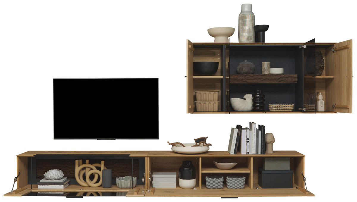 WOHNWAND  in Anthrazit, Eichefarben  336/195/44 cm  - Eichefarben/Anthrazit, Design, Glas/Holz (336/195/44cm) - Valnatura