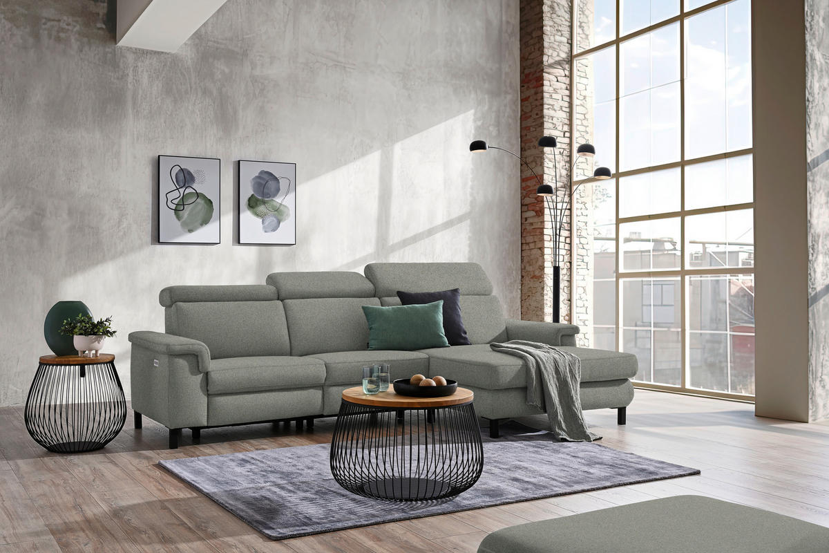 ECKSOFA Grün Flachgewebe Rücken echt, Kopfteilverstellung  - Schwarz/Grün, KONVENTIONELL, Textil/Metall (304/182cm) - Pure Home Comfort