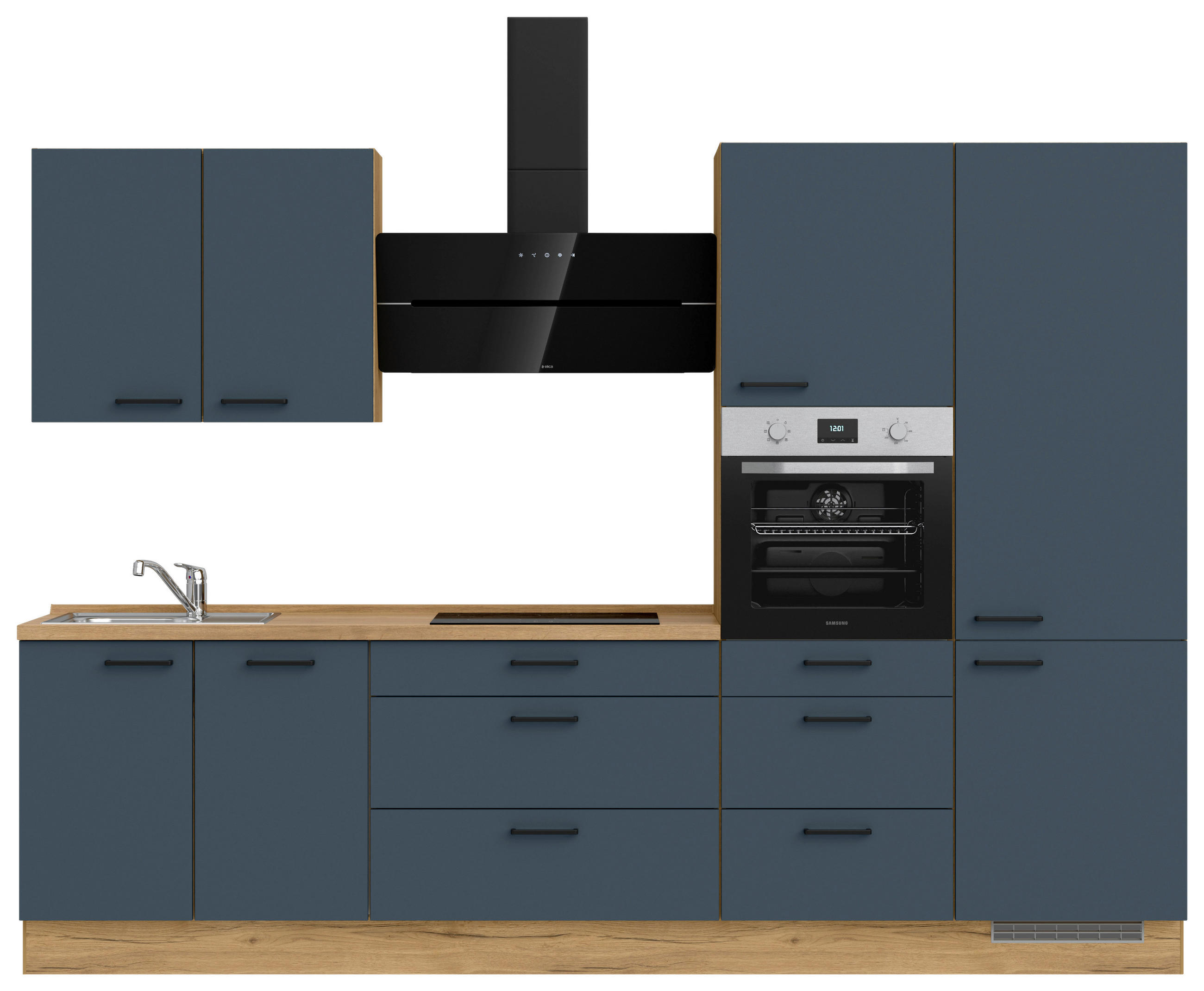 KÜCHENBLOCK 300 cm   in Eichefarben, Dunkelblau  - Eichefarben/Schwarz, MODERN, Holzwerkstoff/Metall (300cm) - Nobilia