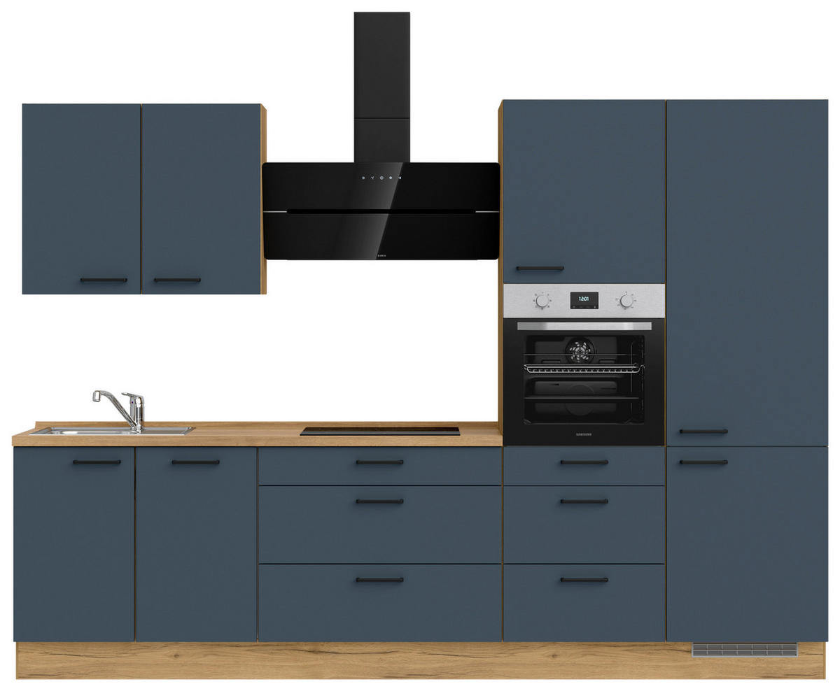 KÜCHENBLOCK 300 cm   in Eichefarben, Dunkelblau  - Eichefarben/Schwarz, MODERN, Holzwerkstoff/Metall (300cm) - Nobilia