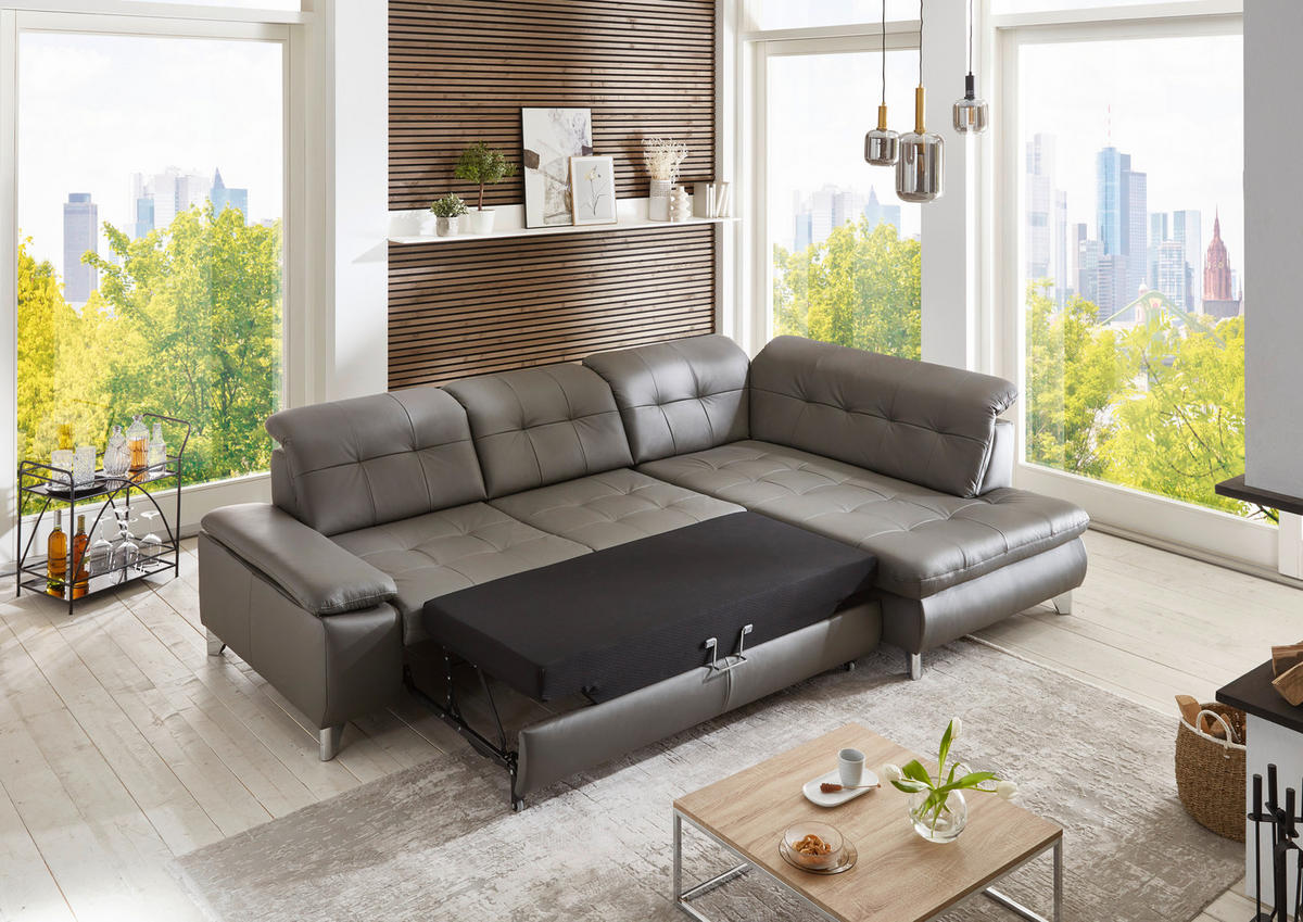 ECKSOFA Beldomo Premium Grau Echtleder  - Alufarben/Grau, Design, Leder/Metall (309/211cm) - Beldomo Speed