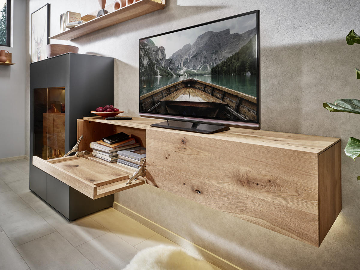 WOHNWAND  in Anthrazit, Eichefarben 299/148/44 cm  - Eichefarben/Anthrazit, Natur, Glas/Holz (299/148/44cm) - Valnatura