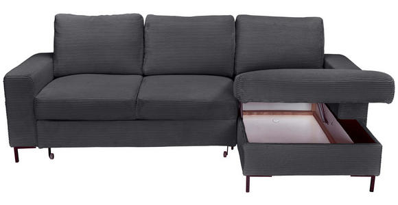 ECKSOFA Anthrazit Cord Rückenkissen, Bettkasten, Schlaffunktion, Rücken echt, Liegefläche im Originalstoff  - Anthrazit/Schwarz, KONVENTIONELL, Textil/Metall (240/150cm) - Carryhome