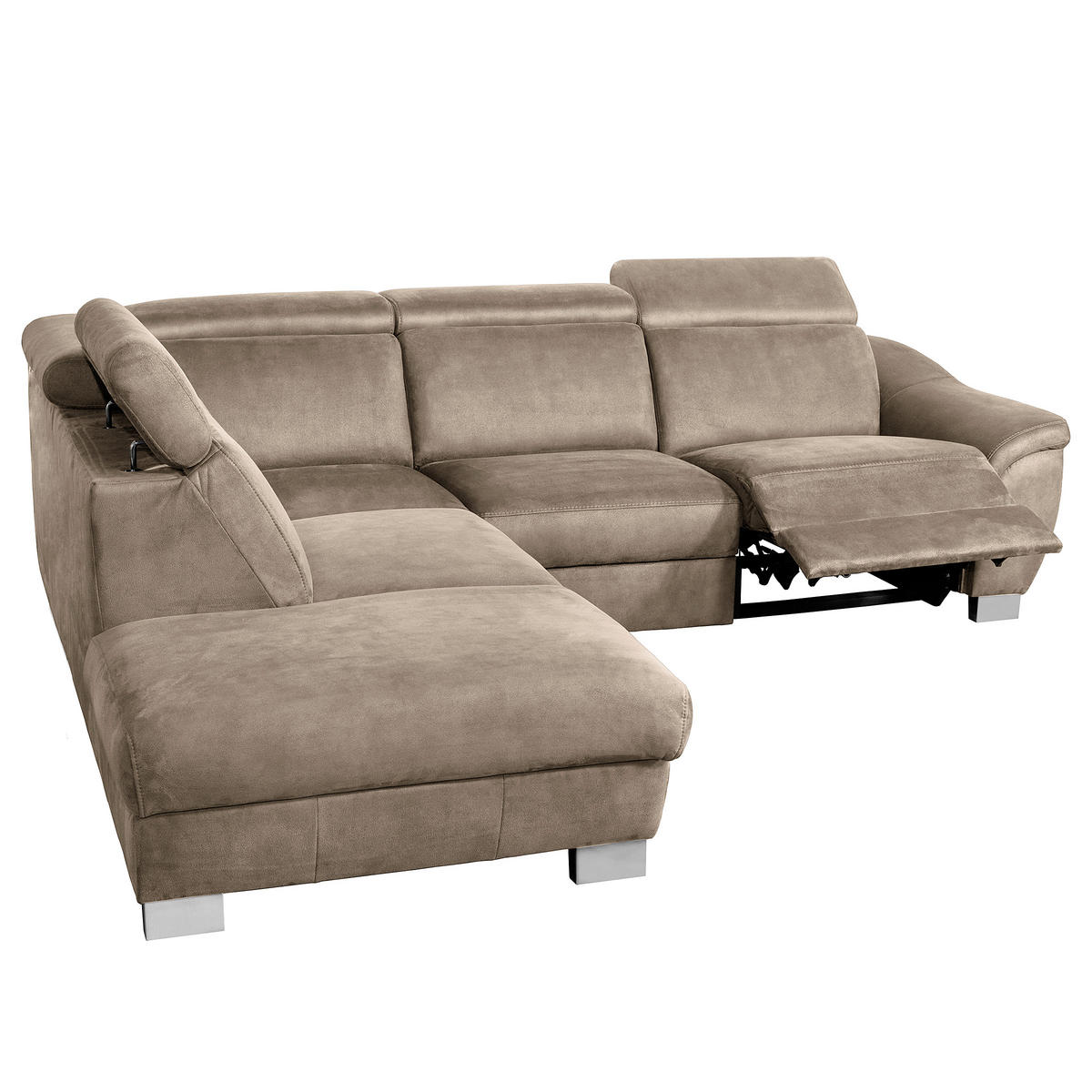ECKSOFA Taupe Mikrofaser Rücken echt, Relaxfunktion, Kopfteilverstellung  - Taupe/Chromfarben, Design, Textil/Metall (238/276cm) - Livetastic