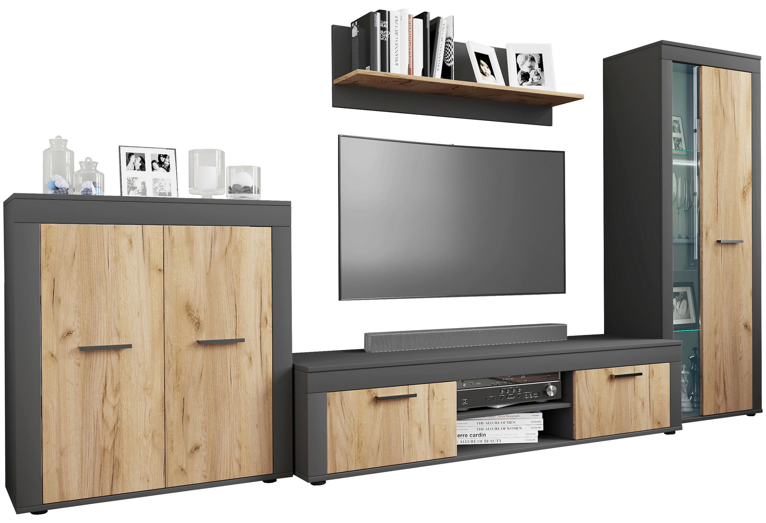 WOHNWAND 4-teilig  in Anthrazit, Honigeiche  300/159/37 cm  - Honigeiche/Anthrazit, Design, Glas/Holzwerkstoff (300/159/37cm) - MID.YOU
