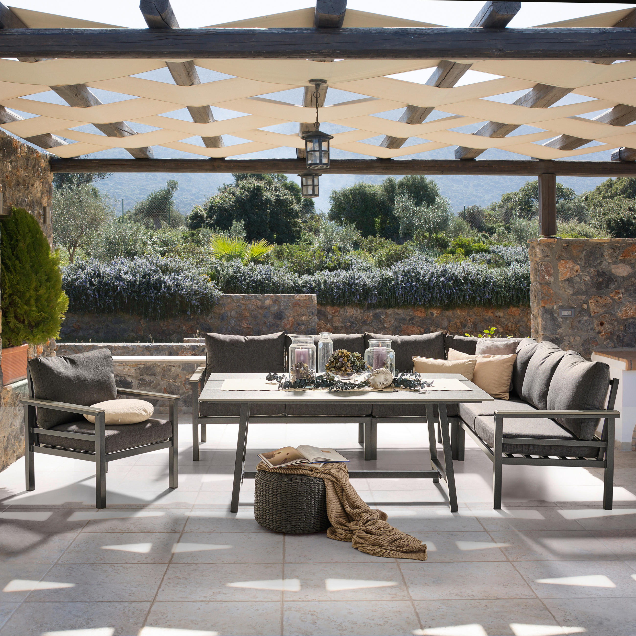 DINING-LOUNGESET Hellgrau, Dunkelgrau Aluminium - Dunkelgrau/Hellgrau, Design, Kunststoff/Textil (259/199cm) - Amatio