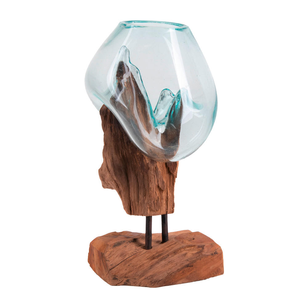 VASE - Klar/Teakfarben, Design, Glas/Holz (18/25/15cm)
