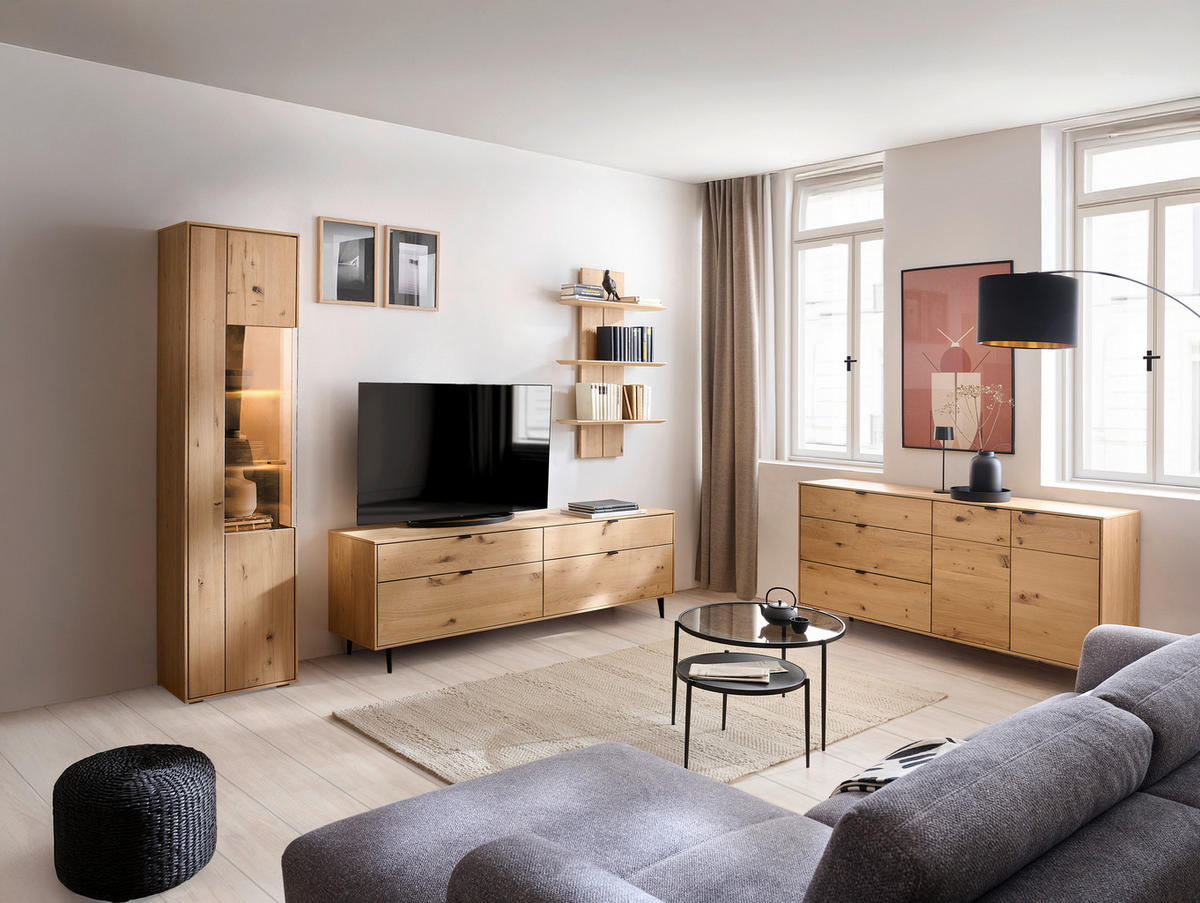 WOHNWAND  in Eichefarben 267/205/50 cm  - Eichefarben/Schwarz, Natur, Glas/Holz (267/205/50cm) - Cantus