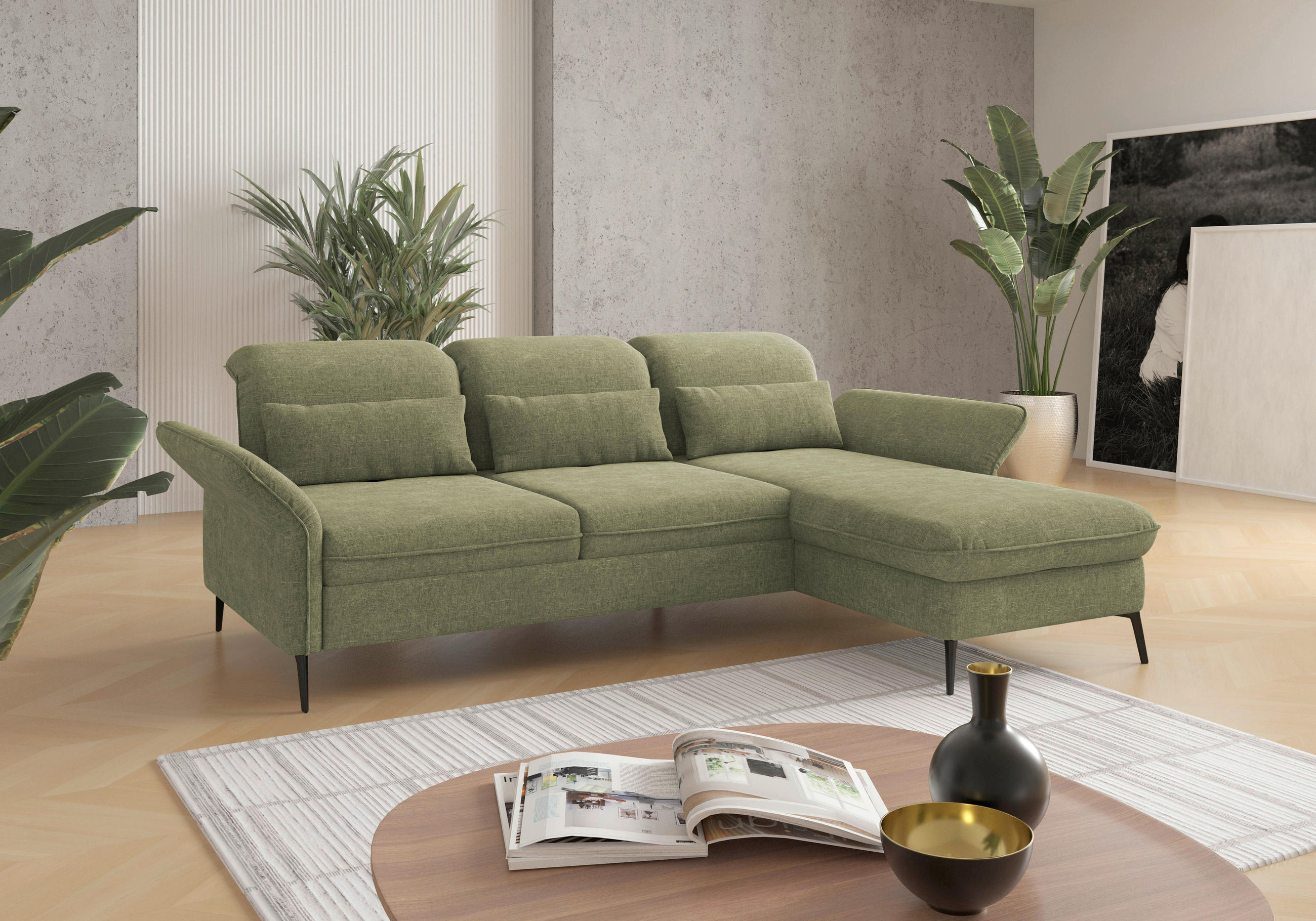 ECKSOFA Hellgrün Flachgewebe  - Schwarz/Hellgrün, KONVENTIONELL, Textil/Metall (264/198cm) - Sit & More