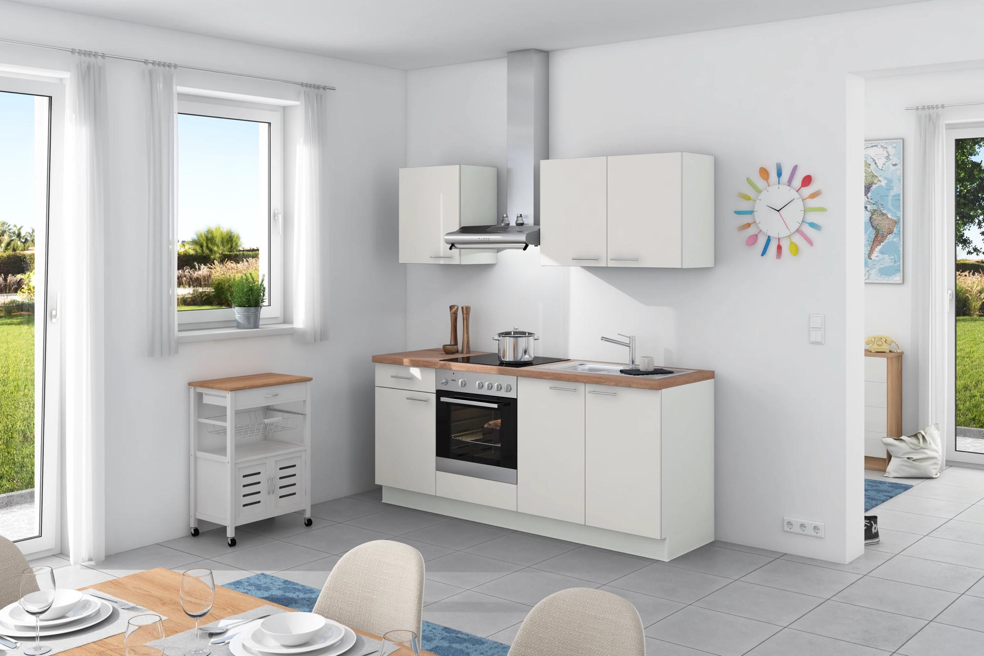 Küchenzeile Base ohne Geräte 200 cm Weiß/Bergeiche