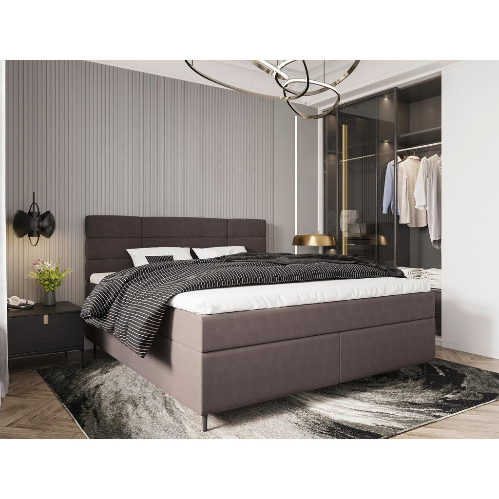 Thumbnail - Boxxx Boxbett, Dunkelbraun, Textil, Birke,Buche, massiv, H2, Höhe ca. 19 cm, 180x200 cm, gepolstertes Kopfteil, Topper d...