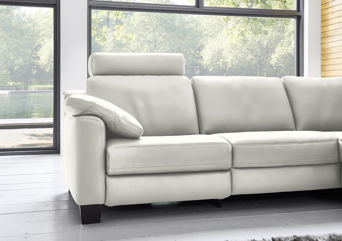 ECKSOFA in Echtleder Ecru  - Ecru/Eichefarben, Design, Leder/Holz (259/235cm) - Valdera