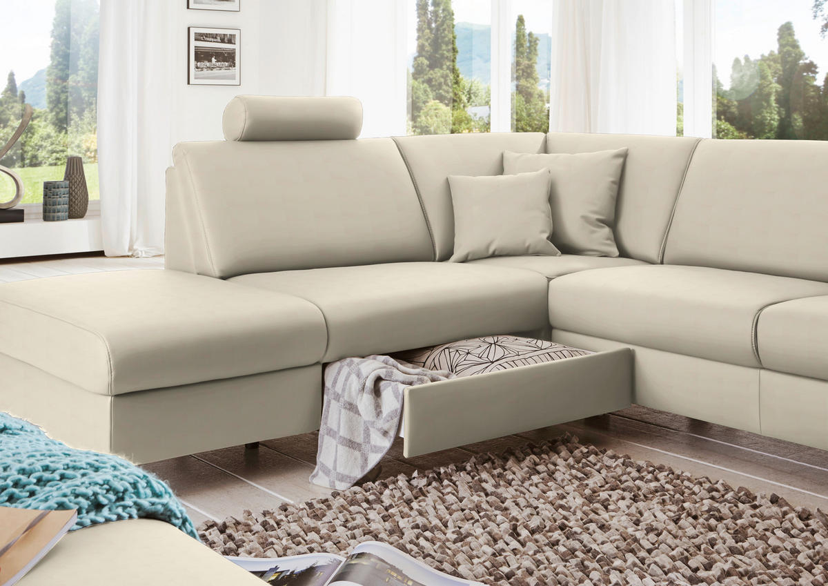 WOHNLANDSCHAFT in Echtleder Creme  - Creme/Alufarben, Design, Leder/Metall (233/339/165cm) - Beldomo Premium