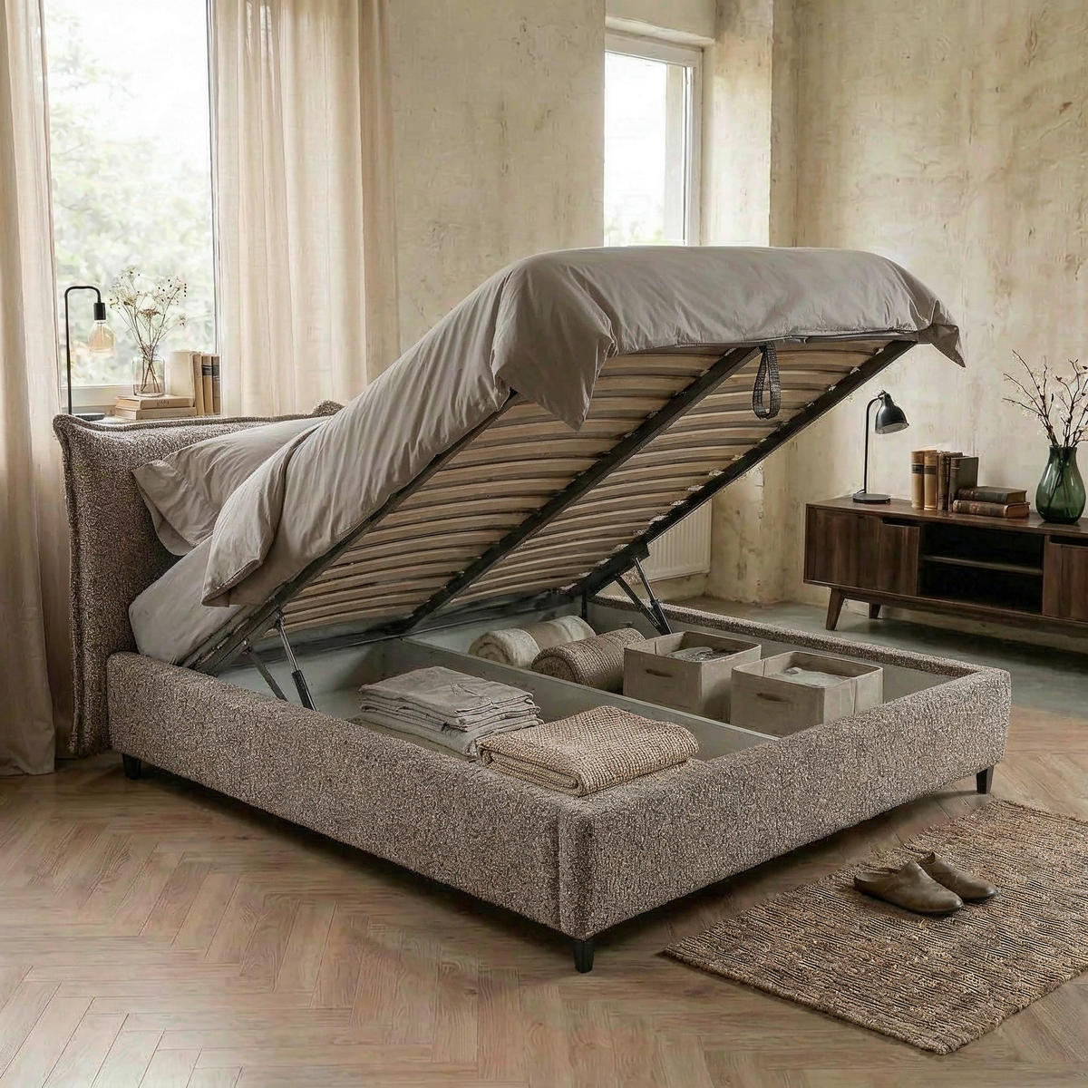 POLSTERBETT 180/200 cm,  in Taupe, gepolstertes Kopfteil, Lattenrost, Bettkasten,  - Taupe/Schwarz, MODERN, Holz/Textil (180/200cm) - Livetastic