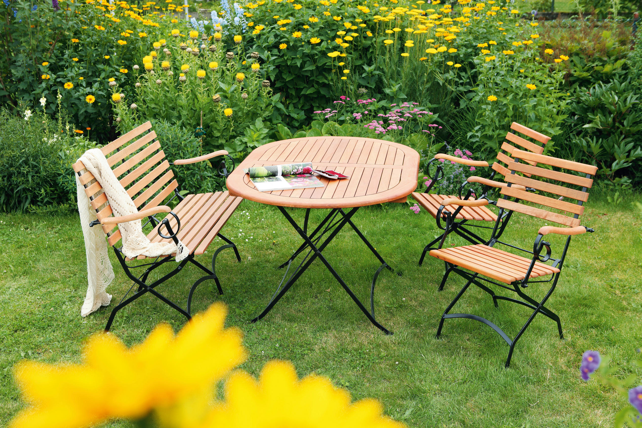 GARTENTISCHGRUPPE  - Schwarz/Naturfarben, ROMANTIK / LANDHAUS, Holz/Metall (140/75/90cm) - Gardenson