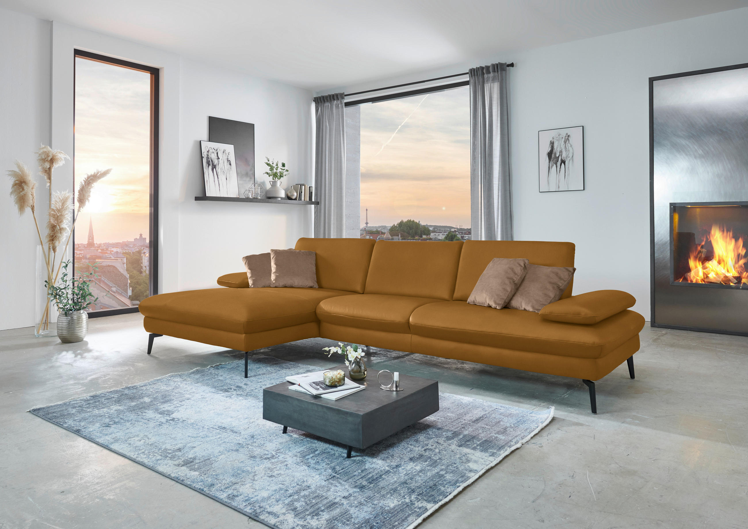 ECKSOFA in Echtleder Currygelb  - Currygelb/Schwarz, Design, Leder/Metall (157/325cm) - Dieter Knoll